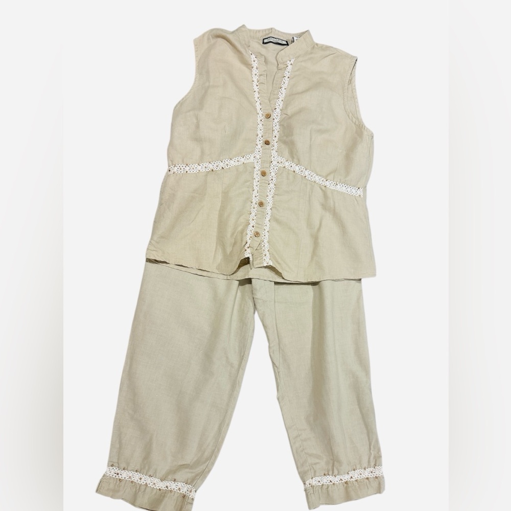 Lemon Grass Linen Beige Sleeveless Top and Pants Set with Lace Trim Small/Large